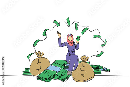 Single continuous line drawing an Arabian woman sits on a pile of banknotes and throws banknotes. Spending on the right services. Wealthy. Be a Millionaire Day. One line design vector illustration