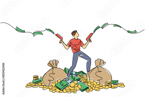 Continuous one line drawing a man stands on a pile of money holds gun that shoots out banknotes in both hands. Sharing in a unique way Be a Millionaire Day. Single line draw design vector illustration
