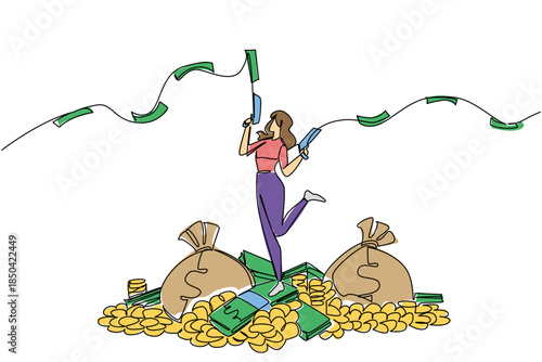 Single continuous line drawing a woman stands on pile of money holds gun that shoots out banknotes in both hands. Collecting to share. Humble. Be a Millionaire Day. One line design vector illustration