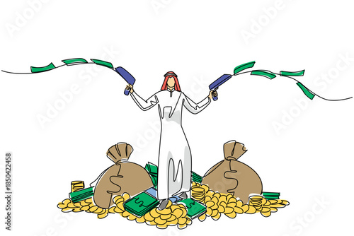Single one line drawing Arab man stands on pile of money holds gun that shoot out banknotes in both hands. Fighting poverty. Stimulus. Be a Millionaire Day. Continuous line design graphic illustration