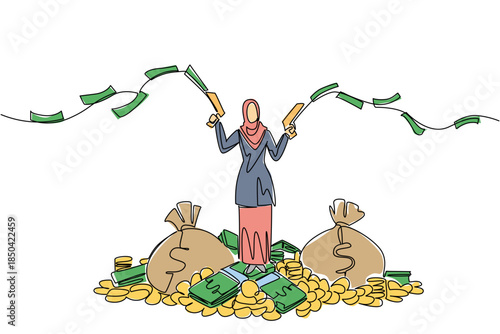 Continuous one line drawing Arab woman stands on pile of money holds gun that shoots out banknotes in both hands. Unlimited balance. Be a Millionaire Day. Single line draw design vector illustration