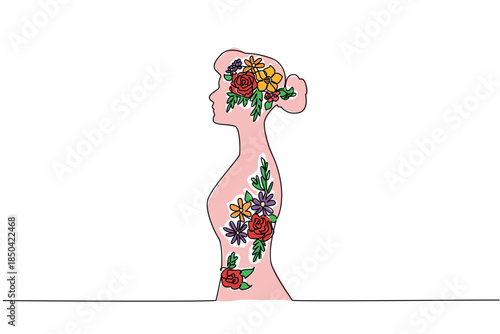 Single one line drawing silhouette of woman whose silhouette contains series of flowers. The concept of complementary beauty. Just as beautiful. Flower Day. Continuous line design graphic illustration