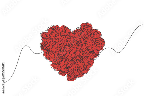 Single one line drawing a series of roses that form a heart shape. Red roses give a surprise of love. Symbol of love. Youth romance. Flirting. Flower Day. Continuous line design graphic illustration