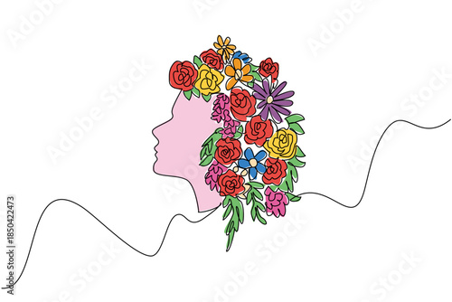 Continuous one line drawing a flower arrangement above head of woman. Beauty is always clearly depicted in the mind. Intelligence. Beautiful. Flower Day. Single line draw design vector illustration