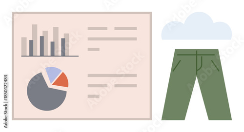 Graph, pie chart, and analytics interface next to green pants under a cloud. Ideal for fashion analytics, market trends, retail, data insights, consumer preferences, design research simple flat