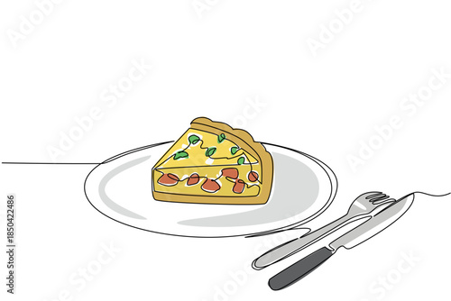 Single continuous line drawing small pieces of quiche lorraine with celery leaves on top on small plate. Simple and filling breakfast. National Quiche Lorraine Day. One line design vector illustration