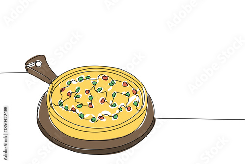 Single one line drawing quiche lorraine with a sprinkling of celery leaves on a round wooden cutting board. A savory pie. National Quiche Lorraine Day. Continuous line design graphic illustration