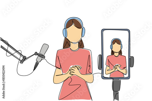 Continuous one line drawing a woman using headphones and a mic broadcasts with a smartphone. Online broadcast via smartphone app. National Streaming Day. Single line draw design vector illustration