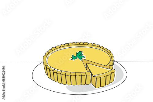 Single one line drawing quiche lorraine with celery leaves on top with little bit of it cut off. Share moments of togetherness National Quiche Lorraine Day. Continuous line design graphic illustration
