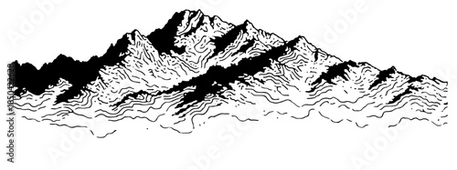 Hand drawn panoramic mountain range landscape with clouds sketch
