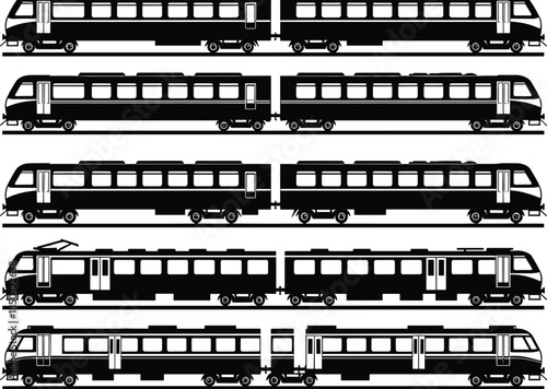 Modern multiple unit passenger trains in black silhouette style, detailed vector illustration showing various railcar configurations for transportation, railway design, and transit concepts