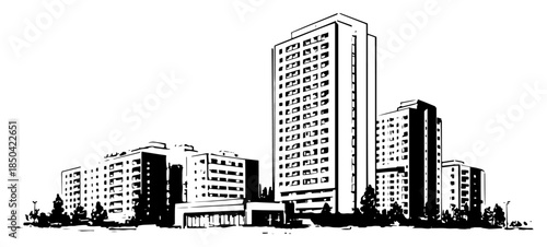 Hand drawn urban cityscape with high rise residential buildings sketch