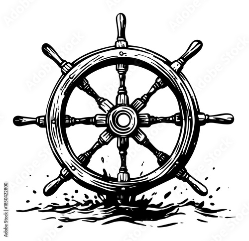Wooden ship steering wheel in ocean waves sketch