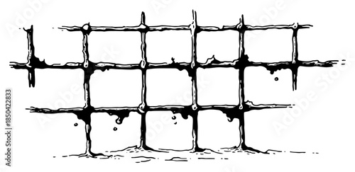 Hand drawn metal grid fence with rusty dripping texture