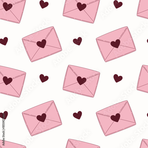 Seamless vector pattern of tilted pink love letters and hearts. Symbolizes romantic spontaneity, playful affection, and the joy of receiving heartfelt messages
