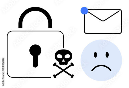 Cybersecurity threat concept. Cybersecurity symbols including a lock, skull, email, and sad face online security, phishing, and data risk. For IT tools, education risk awareness security solutions