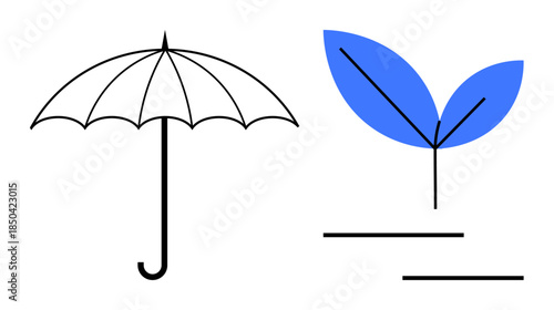 Umbrella and sprouting leaf with abstract line accents convey balance of growth, protection, and care. Ideal for sustainability, nature, insurance, security, environment, health simple flat metaphor