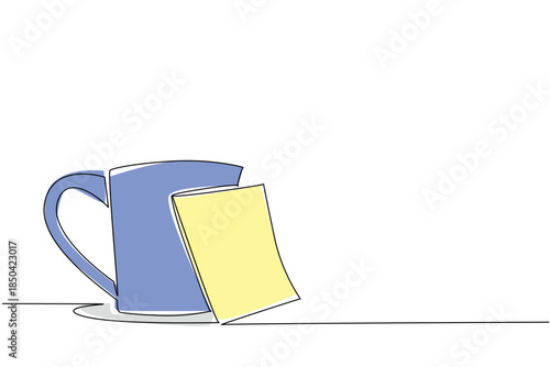 Continuous one line drawing mug glass with memo paper attached. Still make time to drink plenty during busy times. A glass of hot coffee. National Memo Day. Single line draw design vector illustration