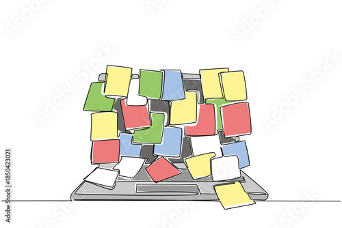 Single continuous line drawing laptop screen surface covered with lots of memo papers. Important sticky notes manual. Many deadlines. Information National Memo Day. One line design vector illustration