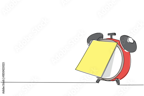 Single one line drawing alarm clock with memo paper attached. Deadline reminder message is getting closer. The important sticky notes. National Memo Day. Continuous line design graphic illustration