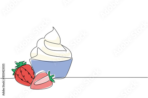 Single continuous line drawing 2 strawberries and cream in a small bowl. Enjoy the freshness while it is still cold and frozen. National Strawberries and Cream Day. One line design vector illustration