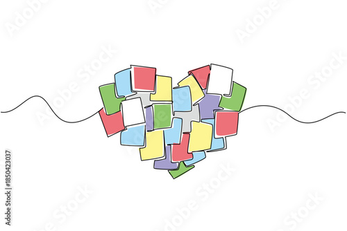 Continuous one line drawing a series of scrap paper that forms a heart shape. Love messages for the loved ones at home. Information. National Memo Day. Single line draw design vector illustration