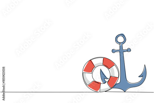 Single one line drawing anchor and lifebuoy side by side. Two important components in ship mooring. Prevents the ship from drifting. National Maritime Day. Continuous line design graphic illustration