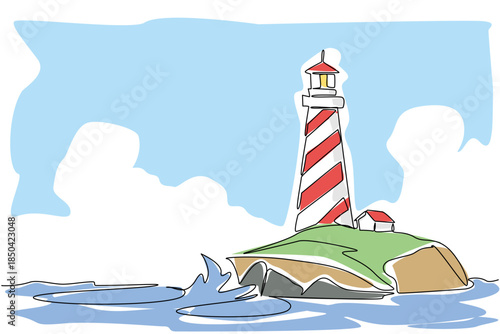Continuous one line drawing lighthouse on reef. Navigation aid for ships at night or in bad weather conditions. Adventure. The beacon National Maritime Day. Single line draw design vector illustration
