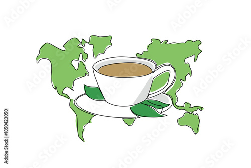 Continuous one line drawing tea cup with saucer and some tea leaves and world map background. A special aroma in each country. Taste. International Tea Day. Single line draw design vector illustration