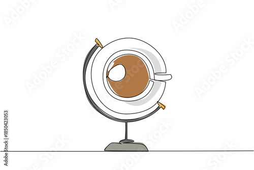 Single one line drawing tea cup with saucer top view in globe frame. The rapid spread of tea leaves to all corners of the world. International Tea Day. Continuous line design graphic illustration