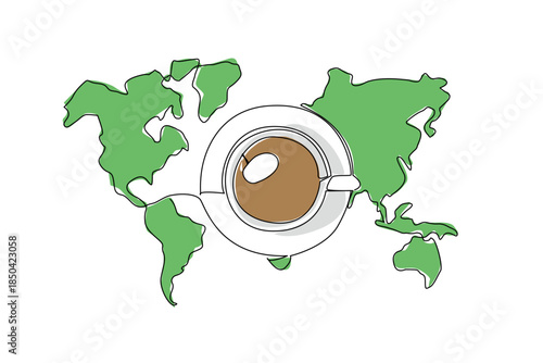 Single continuous line drawing top view, tea cup with saucer against world map background. Restaurant or cafe specifically for tea lovers. International Tea Day. One line design vector illustration