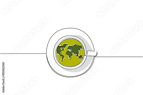Single one line drawing a cup filled with tea with a saucer and a world map on the surface of the cup. Breakfast with a cup of tea. International Tea Day. Continuous line design graphic illustration