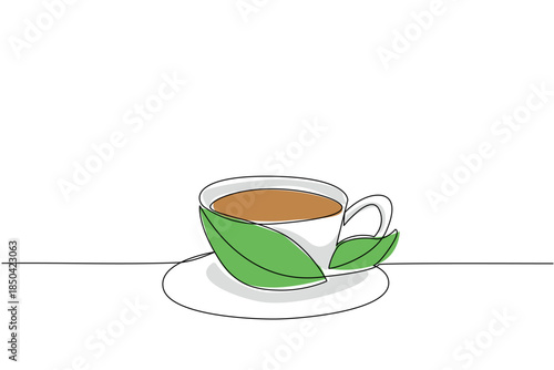 Continuous one line drawing a tea cup made of tea leaves with a saucer. Tea leaves have a calming aroma. Enthusiasm for the day. International Tea Day. Single line draw design vector illustration