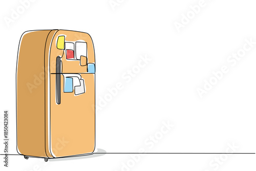 Single continuous line drawing classic refrigerator covered with memo paper. The important sticky notes that will always be read when at home. National Memo Day. One line design vector illustration