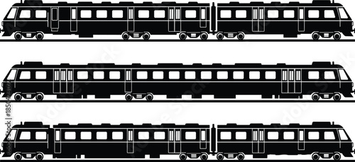 Modern passenger train set in clean black silhouette style, detailed vector illustration showing multiple connected railcars for transportation, railway design, public transit concepts