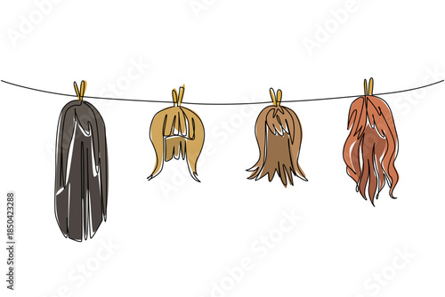 Single one line drawing 4 colorful wigs hung on a clothesline and held in place by clothespins. Care to keep it comfortable when worn. National Wig Out Day. Continuous line design graphic illustration