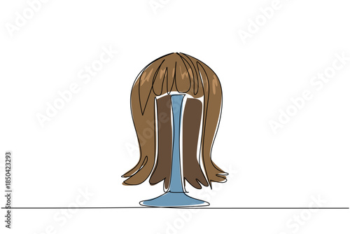 Single continuous line drawing hanging wig. The wig shown will change the appearance to be more beautiful and elegant. Disguised as an agent. National Wig Out Day. One line design vector illustration