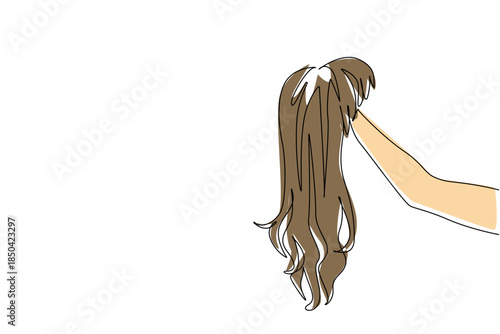 Single one line drawing wig held by hand. More beautiful appearance. Exhibits an aura of extraordinary beauty. Following the fashion. National Wig Out Day. Continuous line design graphic illustration