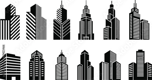 Modern, Minimalist City Skyscraper Icons, Collection of Black and White Building Silhouette Vector Illustrations, Corporate Architecture, Downtown Urban Financial District Design Elements