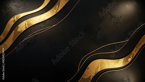 A luxurious abstract background featuring flowing gold waves with marble textures set against a dark, matte black surface with elegant lighting.