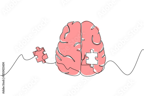 Single one line drawing top view, brain has puzzle pieces in middle that are loose outside brain. Structures in brain that change. World Schizophrenia Day. Continuous line design graphic illustration