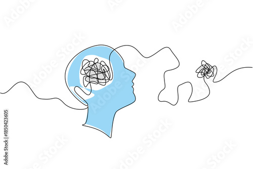 Single continuous line drawing silhouette of a head with a tangled ball of thread extending out of the head. Hallucinations. Delusions. World Schizophrenia Day. One line design vector illustration