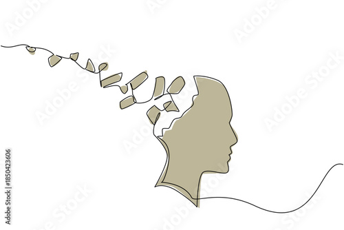 Continuous one line drawing silhouette of head with the back ripped off and turned into paper shreds. Difficulty thinking logically World Schizophrenia Day. Single line draw design vector illustration