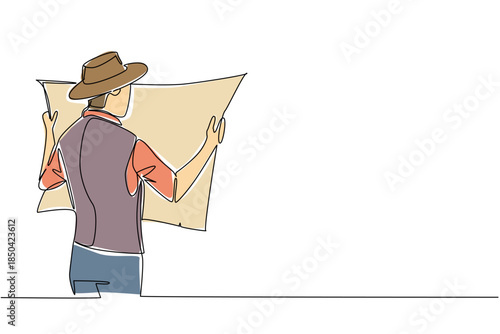 Single one line drawing a man wearing a vest and cowboy hat holding and stretching out a map. The eagle eyed, sharp seeker. National Scavenger Hunt Day. Continuous line design graphic illustration