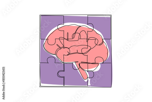 Single continuous line drawing the puzzle pieces in the middle form side view of a brain. Chemical imbalance in the brain. Disease. Illness World Schizophrenia Day. One line design vector illustration