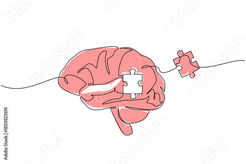 Continuous one line drawing brain in middle has puzzle pieces loose outside brain. Changes in chemical compounds in the brain. World Schizophrenia Day. Single line draw design vector illustration