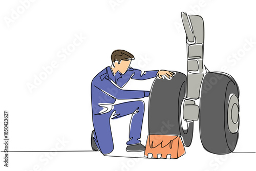 Continuous one line drawing aircraft technician checking the wheels of aircraft. Rechecking the landing control system. Aviation Maintenance Technician Day. Single line draw design vector illustration
