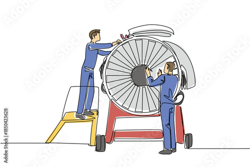 Single one line drawing 2 aircraft technicians dismantling aircraft engine. Working together makes everything easier. Aviation Maintenance Technician Day. Continuous line design graphic illustration