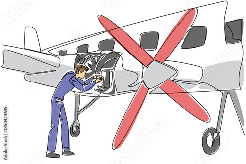 Continuous one line drawing aircraft technician dismantles aircraft propeller engine. Regular maintenance before flying Aviation Maintenance Technician Day. Single line draw design vector illustration