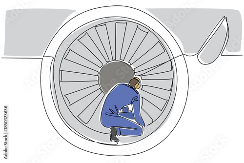 Single continuous line drawing an aircraft technician is on board checking the aircraft engine. Fixing the obstacles. Repairman Aviation Maintenance Technician Day. One line design vector illustration